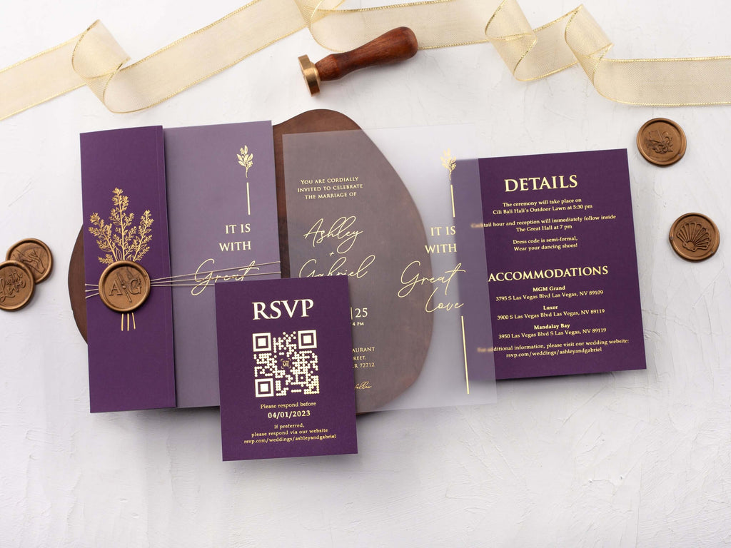 Gold Foiled Acrylic Invitations with Purple Half Jackets