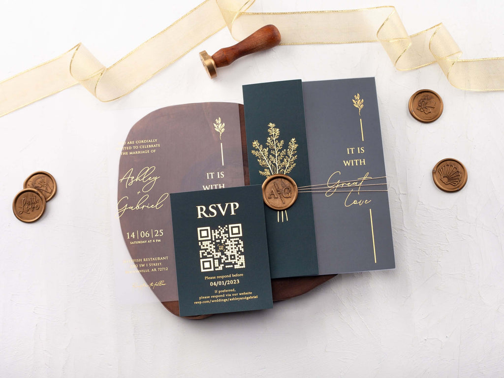Gold Foiled Acrylic Invitations with Dark Green Half Jackets