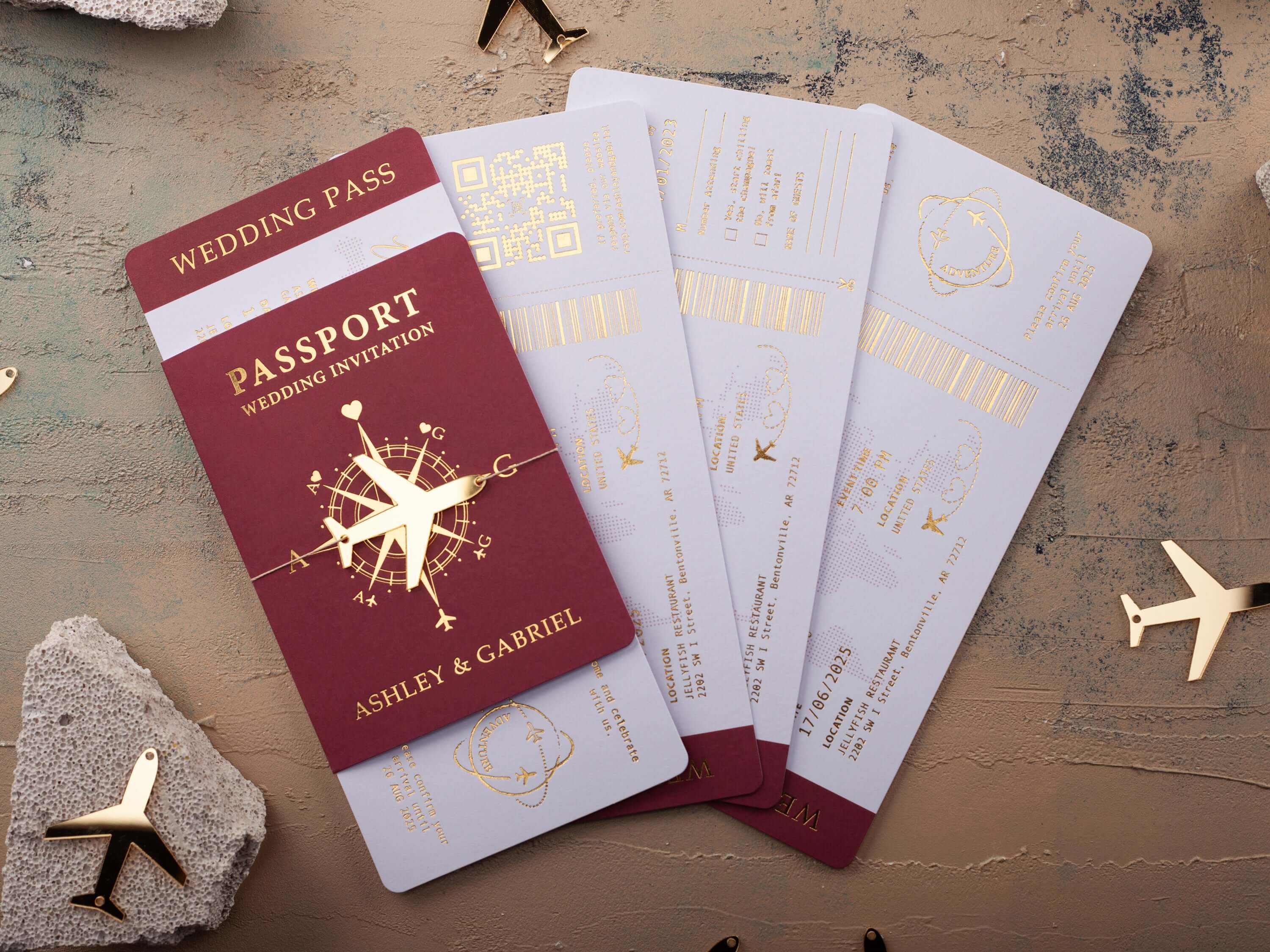 Luxury Passport Wedding Invitation with Gold Foil Boarding Pass and Acrylic Plane