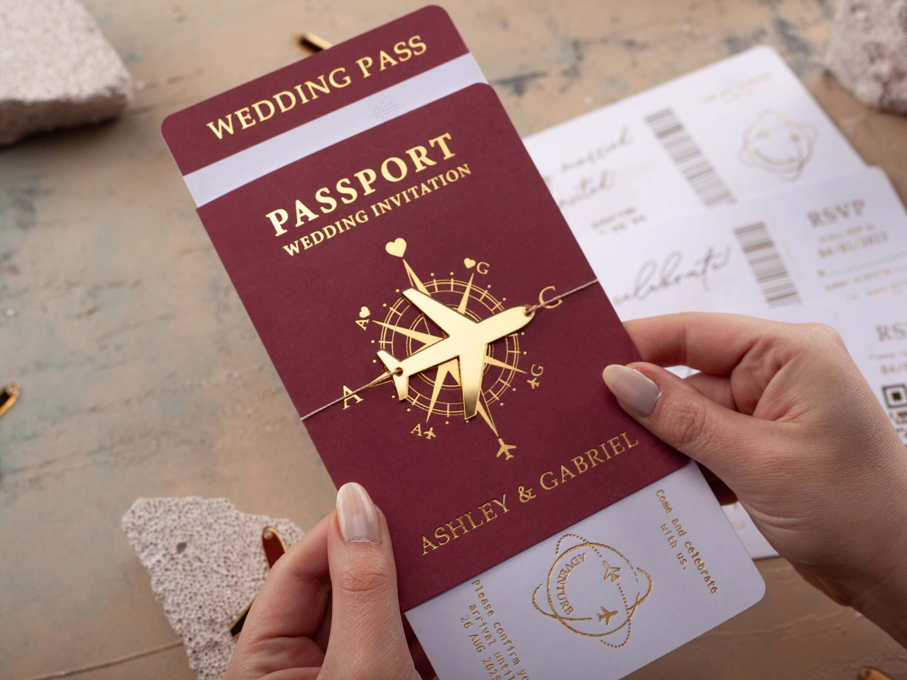 Luxury Passport Wedding Invitation with Gold Foil Boarding Pass and Acrylic Plane