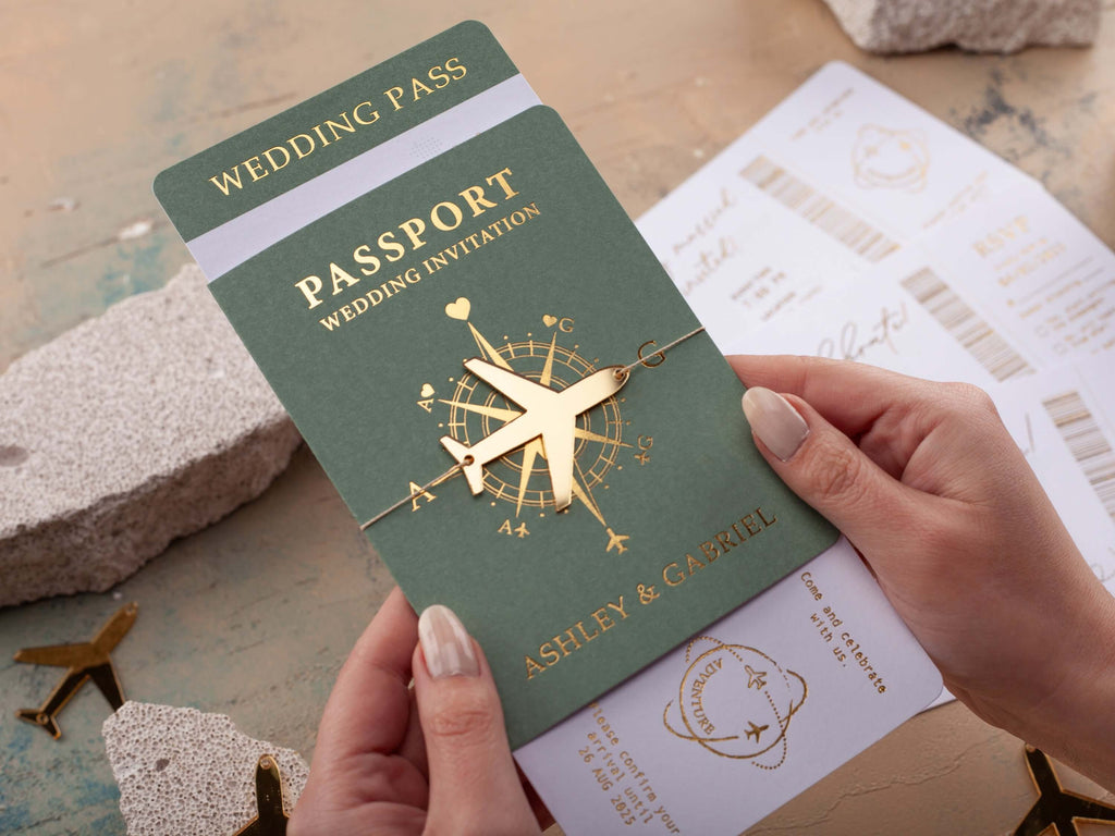 Sage Green Passport Wedding Invitations with Gold Foil & Acrylic Plane