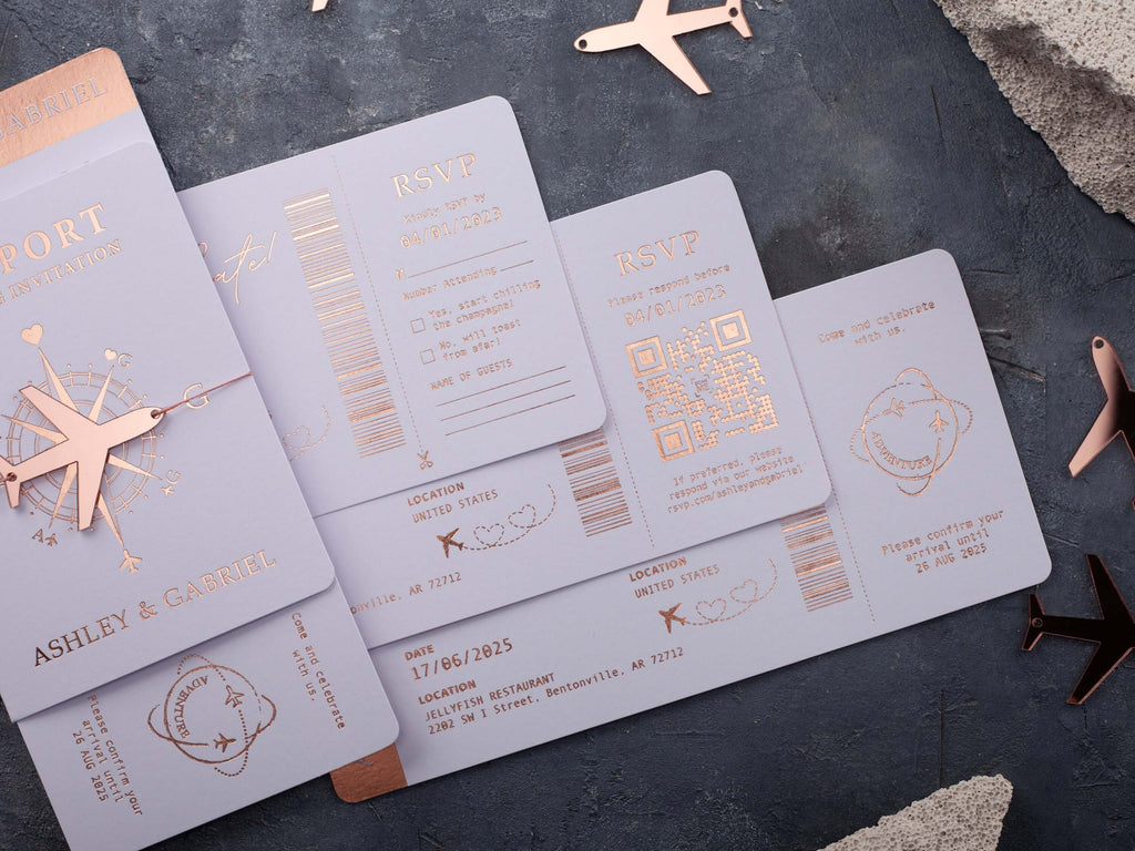 White Passport Wedding Invitations with Rose Gold Foil | Acrylic Plane Accessory