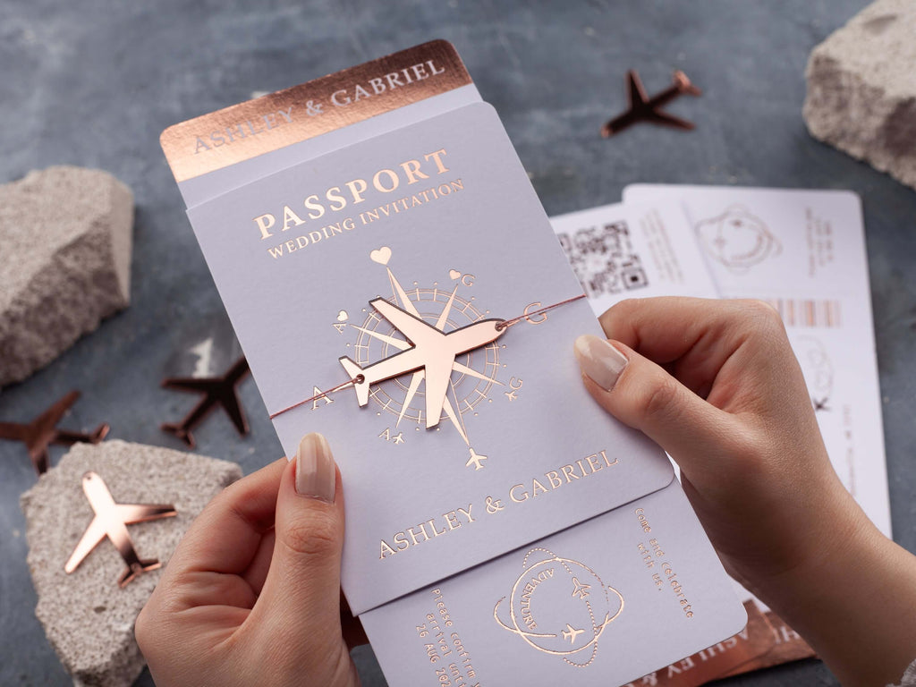 White Passport Wedding Invitations with Rose Gold Foil | Acrylic Plane Accessory