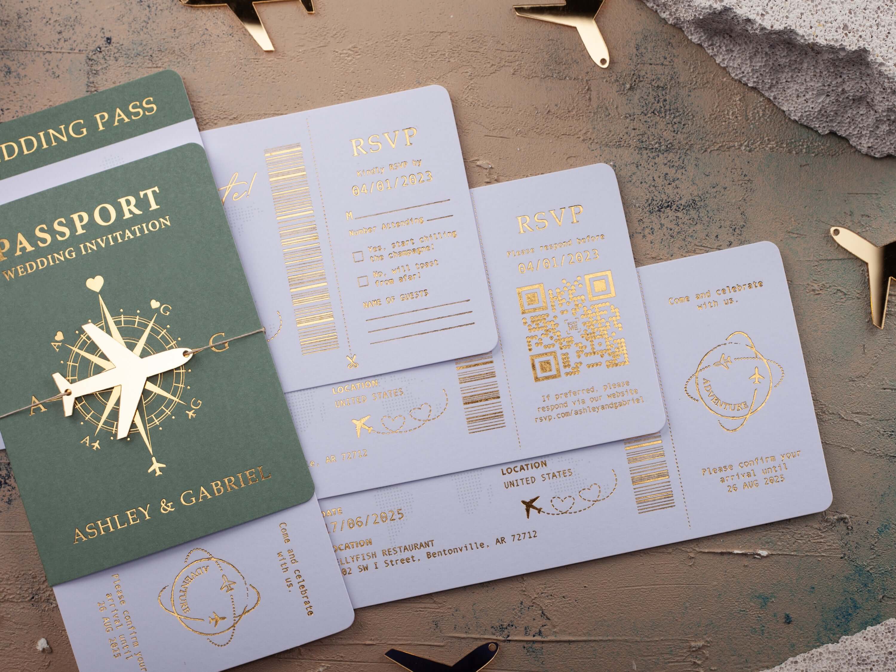Sage Green Passport Wedding Invitations with Gold Foil & Acrylic Plane