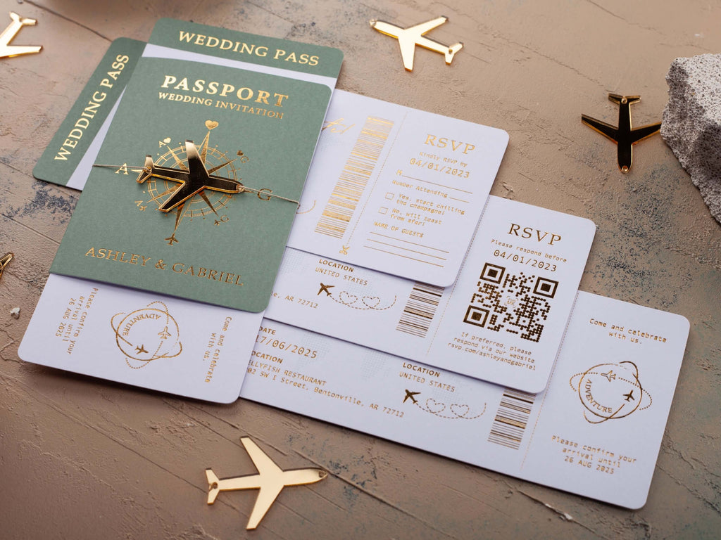 Sage Green Passport Wedding Invitations with Gold Foil & Acrylic Plane