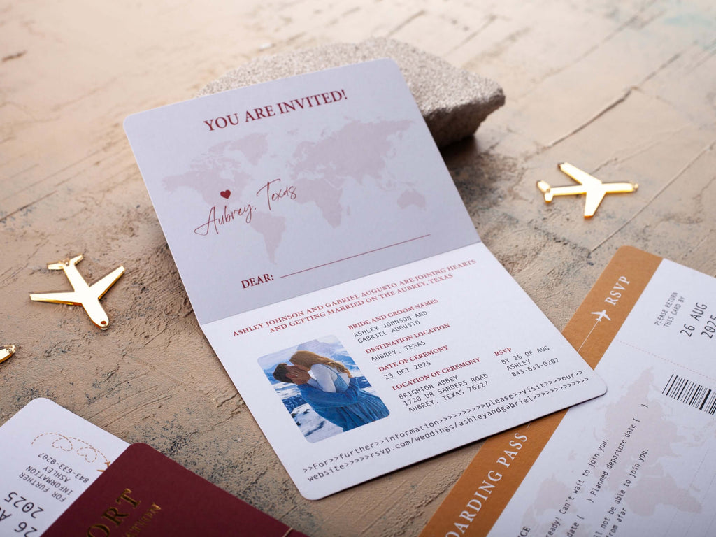 Burgundy and Gold Passport Wedding Invitation with Photo for Destination Wedding