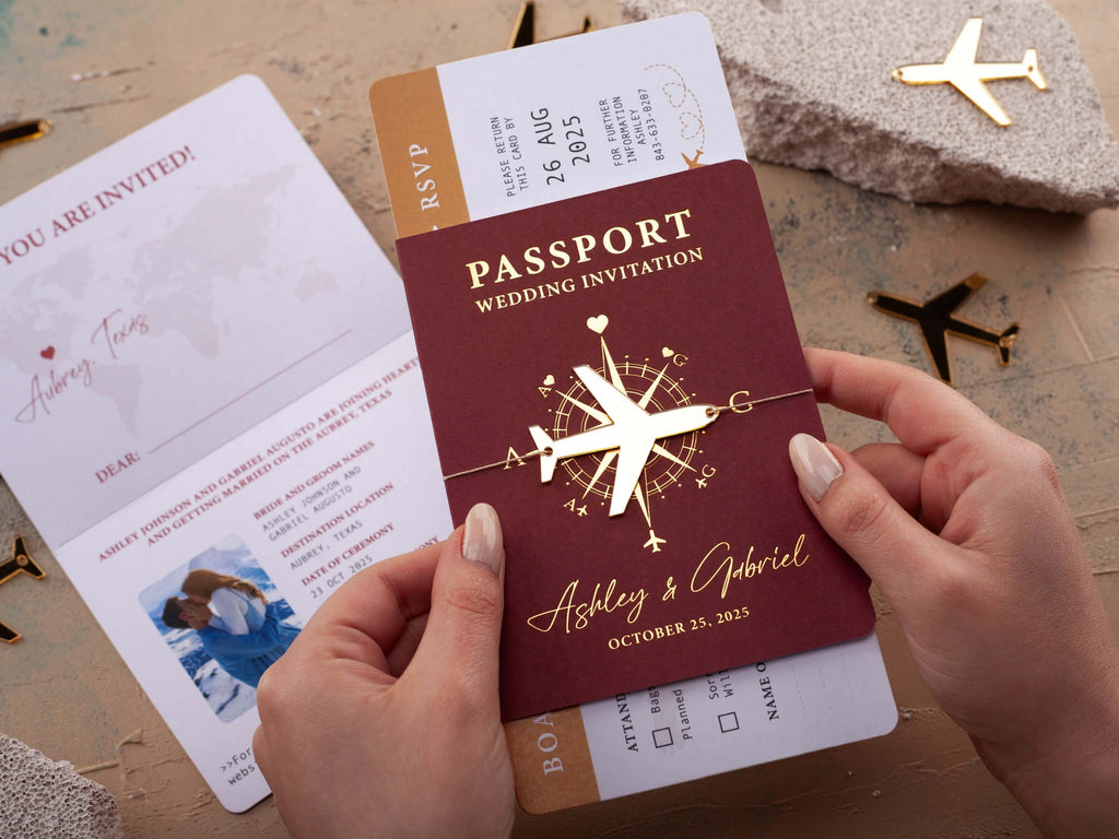 Burgundy and Gold Passport Wedding Invitation with Photo for Destination Wedding