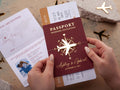 Burgundy and Gold Passport Wedding Invitation with Photo for Destination Wedding