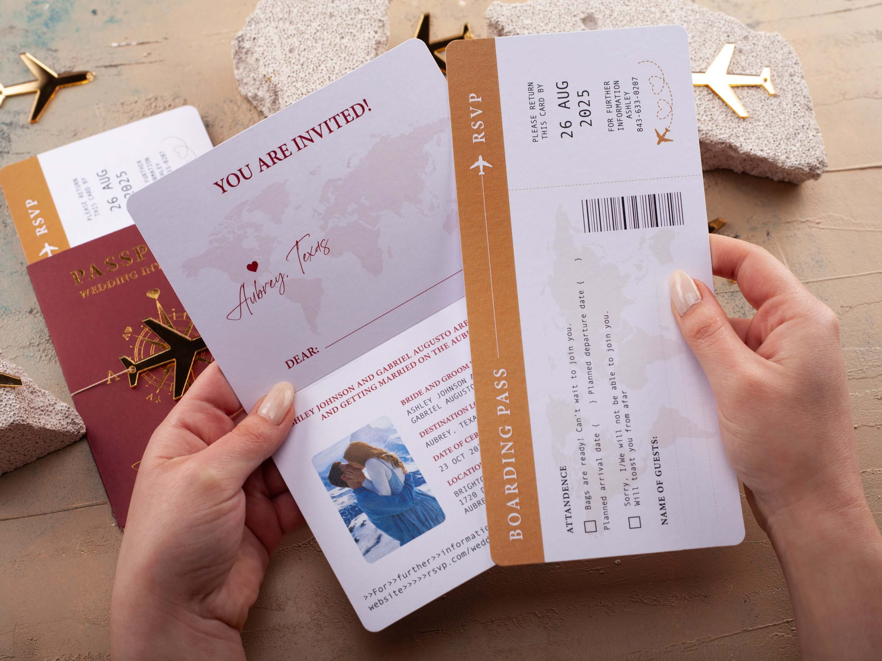 Burgundy and Gold Passport Wedding Invitation with Photo for Destination Wedding