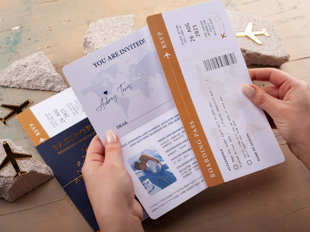 Navy Blue and Gold Destination Wedding Passport Invitation with Photo