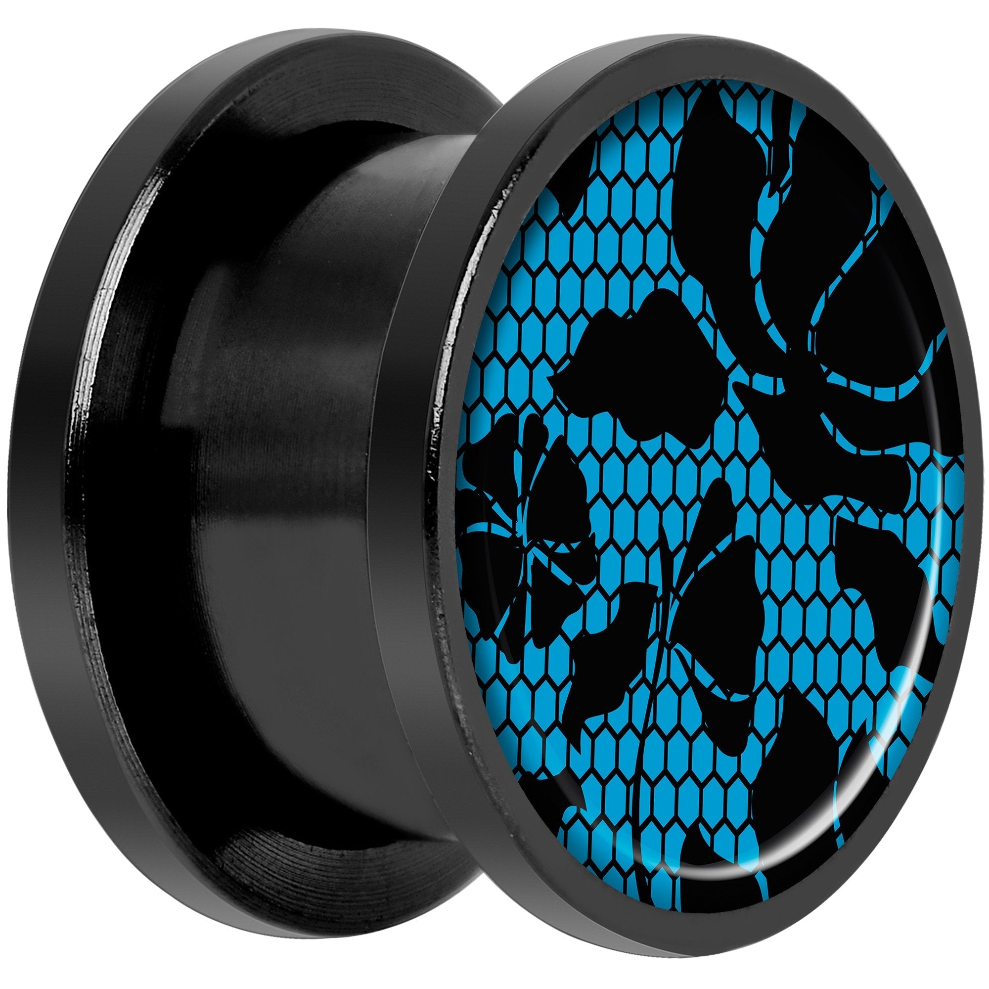 Blue Floral Lace Black Anodized Screw Fit Plug Set 9/16