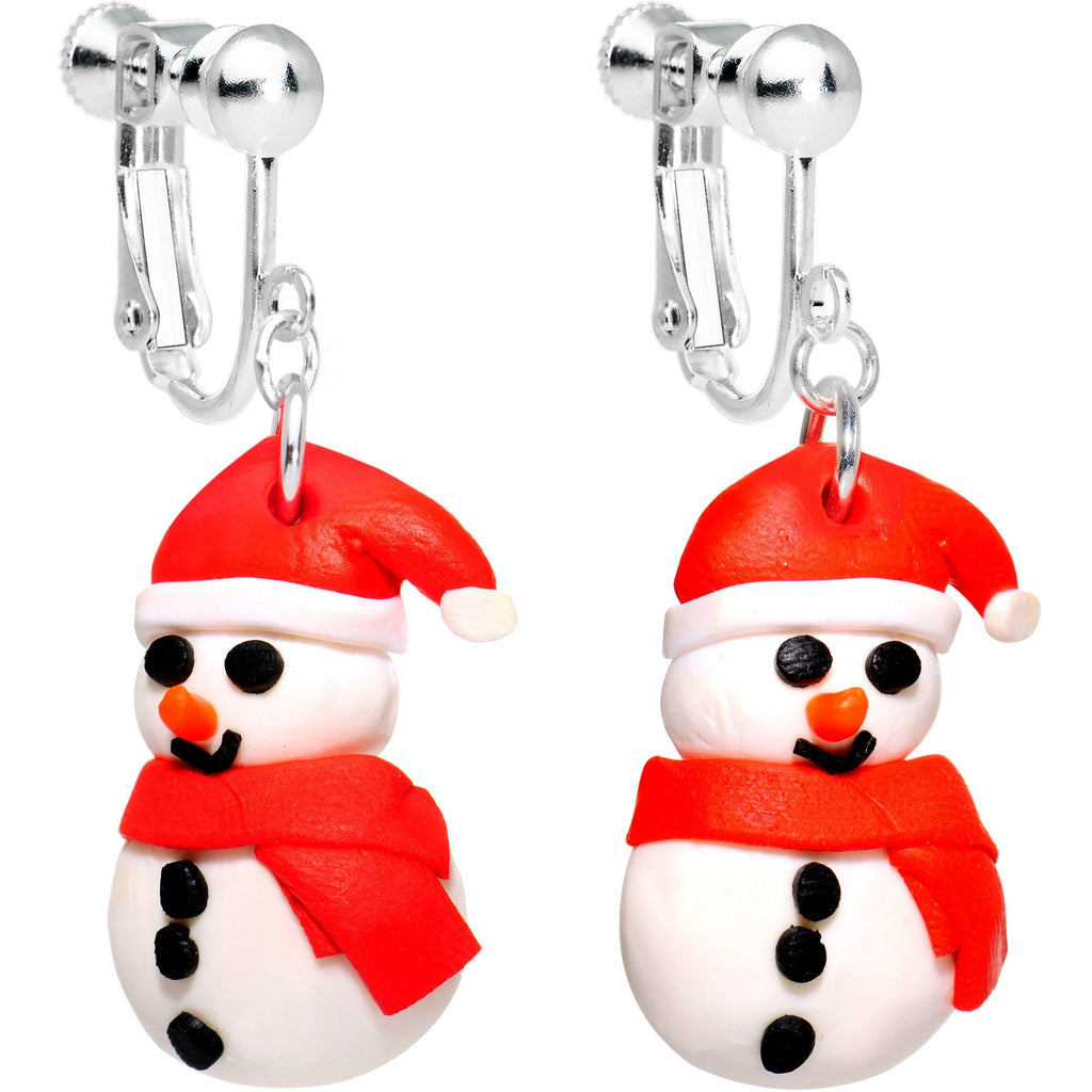 Silver Plated Bundled Up Christmas Snowman Clip On Earrings