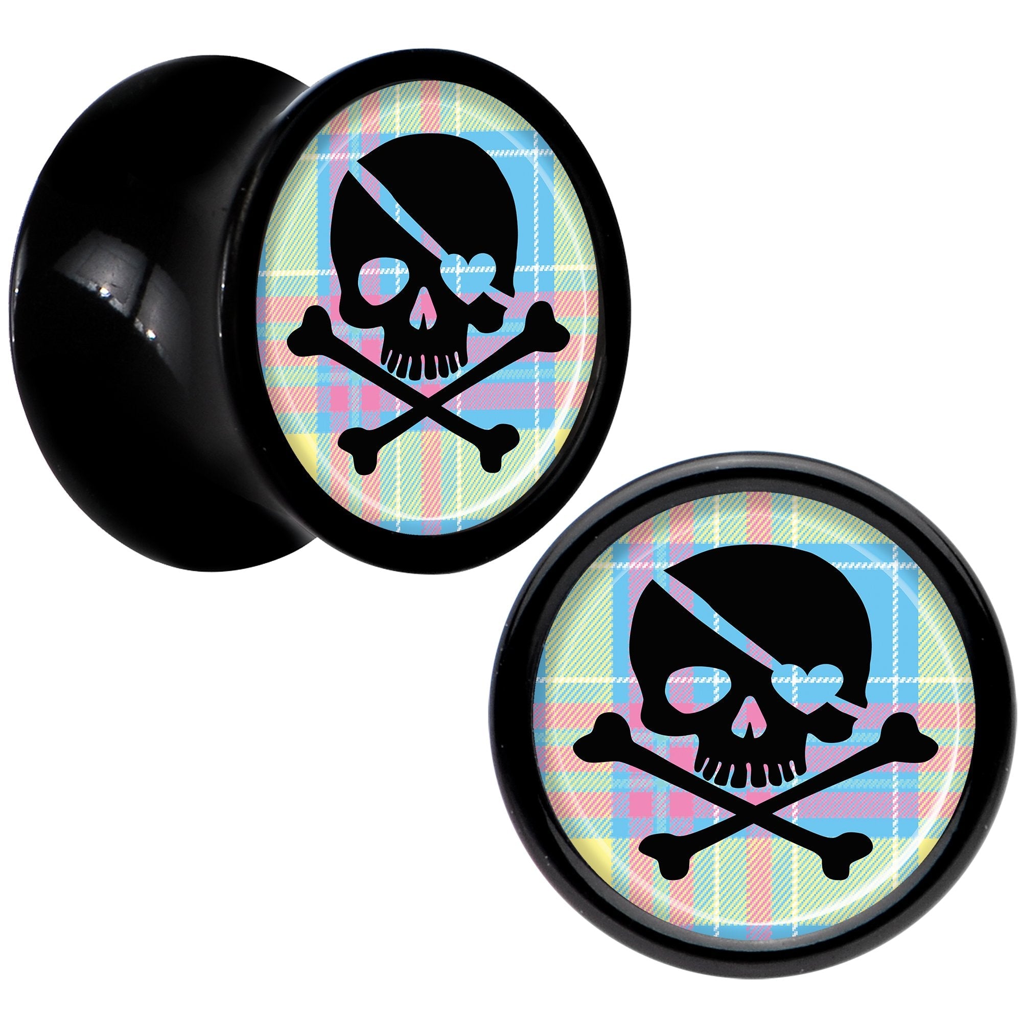 Black Acrylic Pink Green Plaid Heart Skull Saddle Plug Set 0G