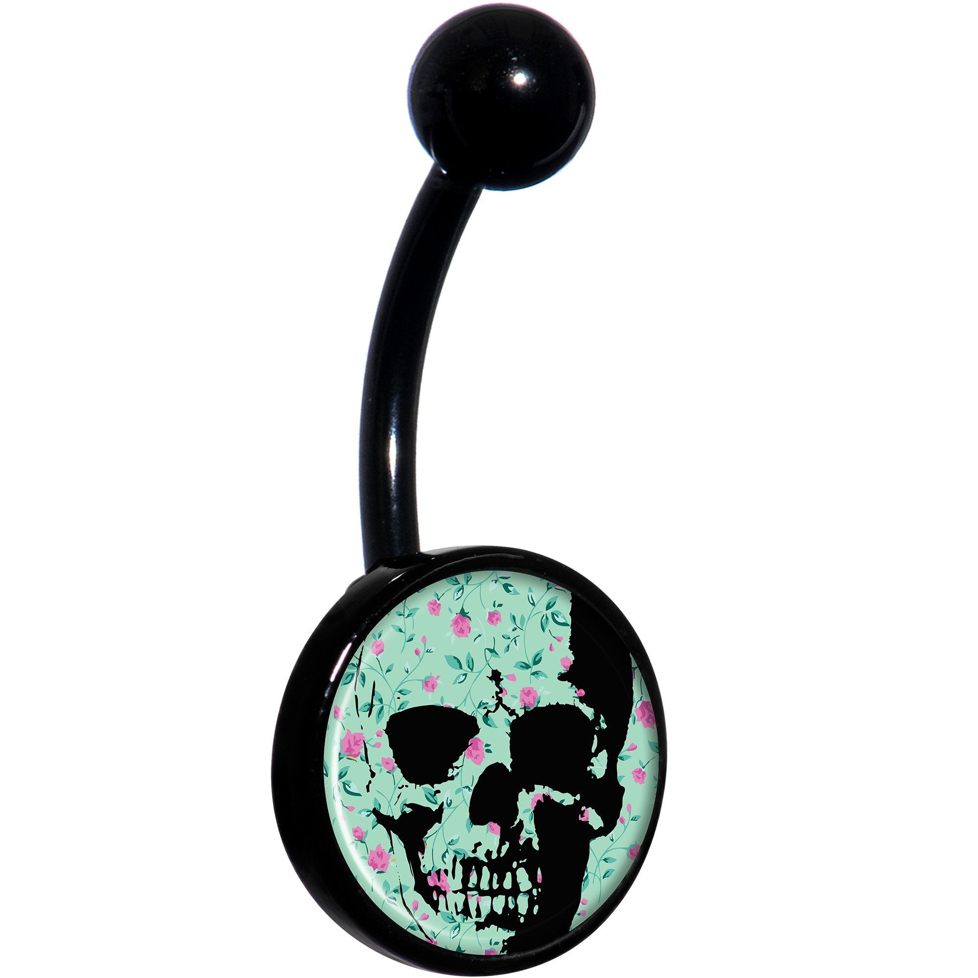 Green Pink Floral Skull Black Belly Ring