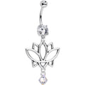 Clear Gem Lotus Flower Dangle Belly Ring Created with Crystals