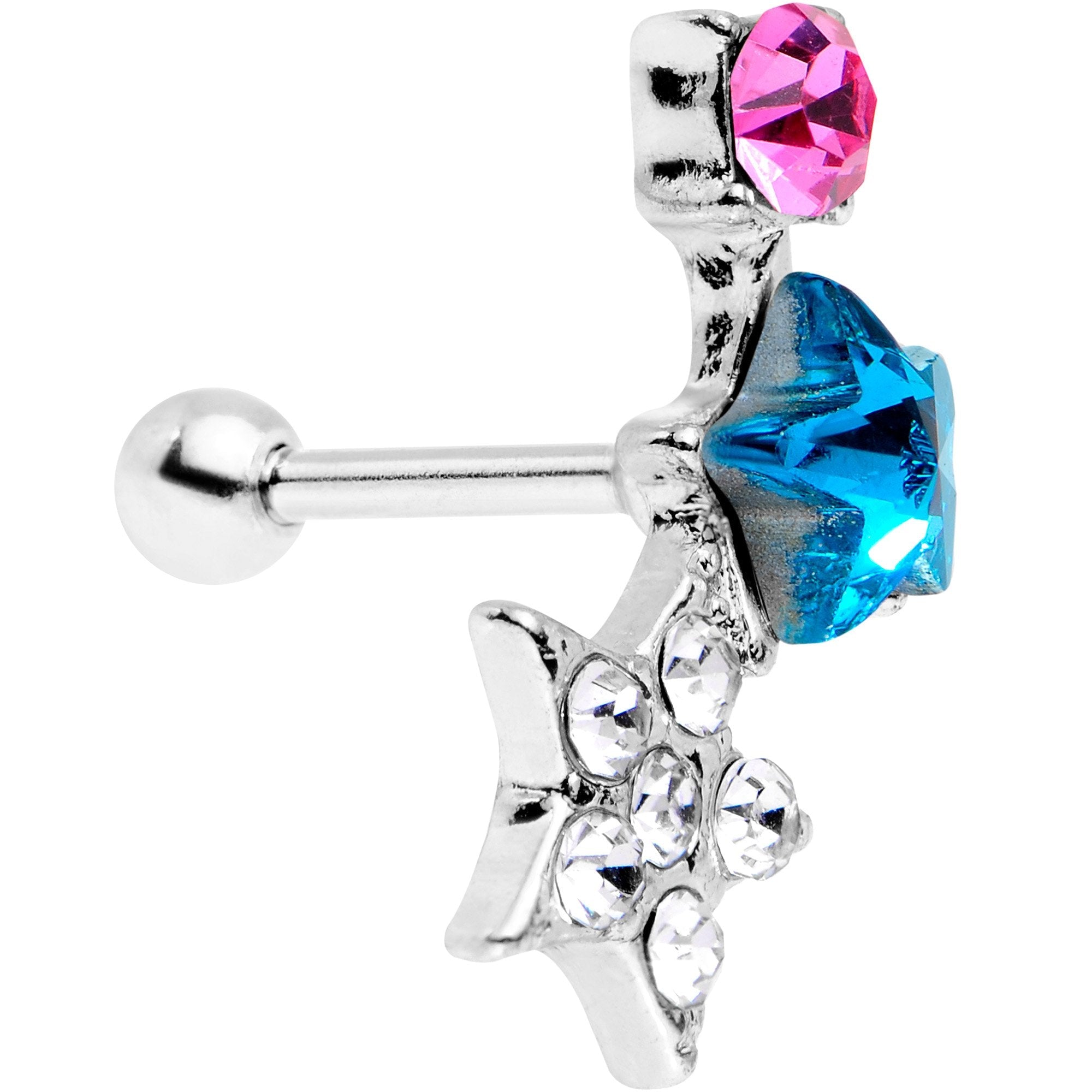 18G 1/4 Blue Pink Gem Stars on Stars Cartilage Tragus Earring