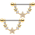 9/16 Clear CZ Gem Gold Tone Star Dangle Barbell Nipple Ring Set