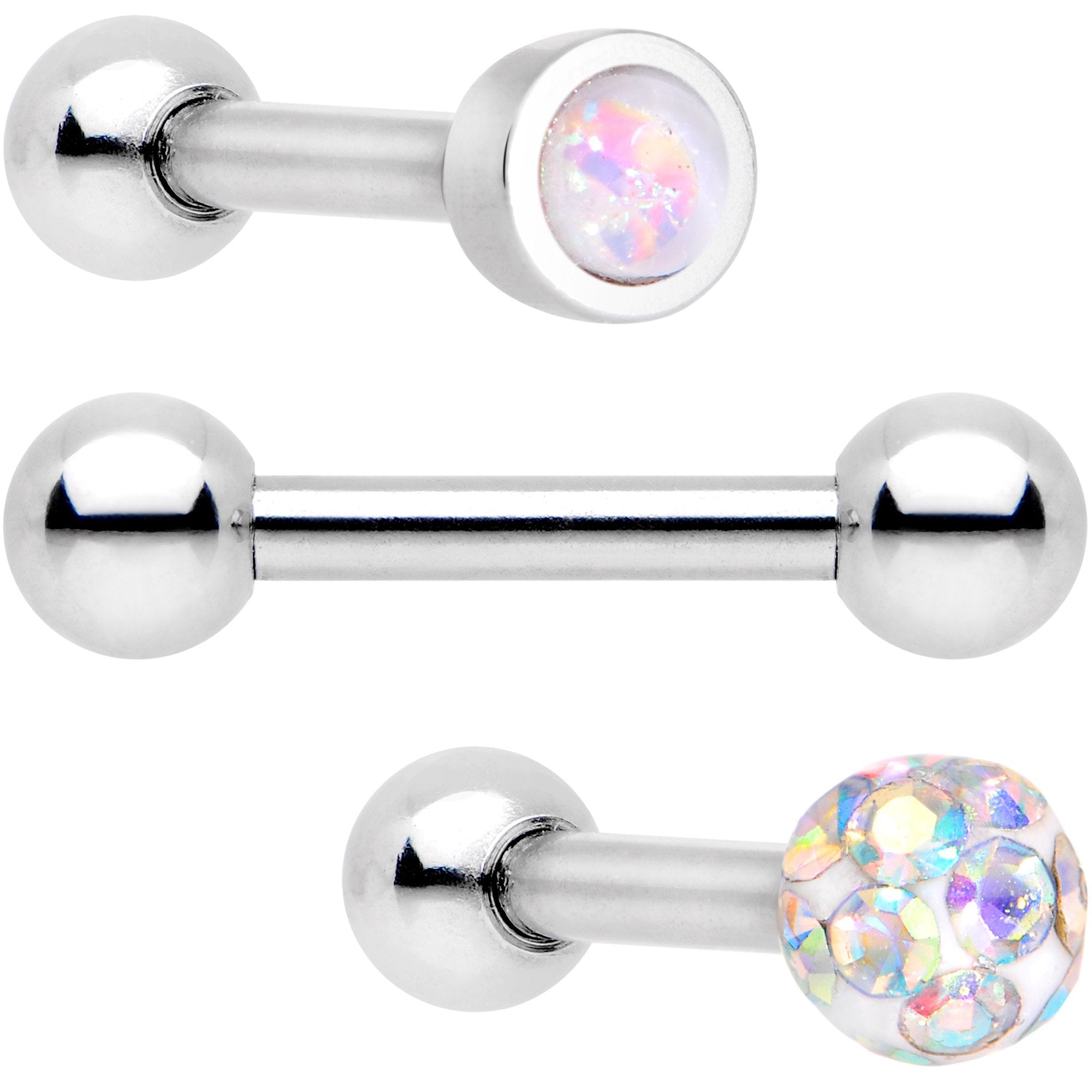 16G 1/4 White Faux Opal Inlay Cartilage Tragus Earring 3 Pack Set