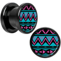 Pink Teal Tribal Print Black Anodized Screw Fit Plug Set 00G