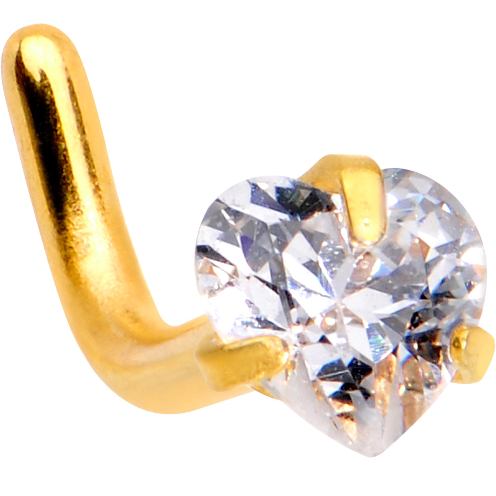 18G 1/4 Clear Heart 3mm CZ Gem Gold IP L-Shape Nose Ring
