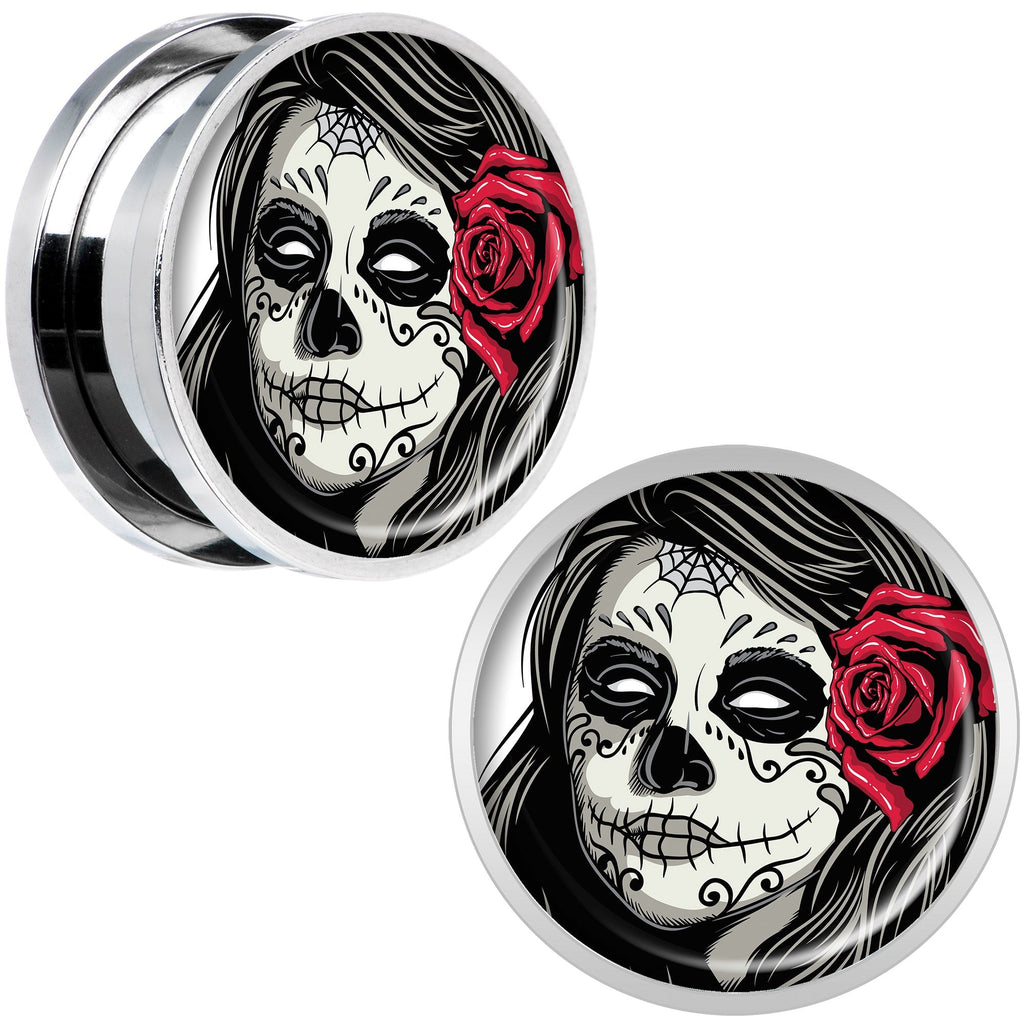 Katrina Sugar Skull with Rose Flower Steel Screw Fit Plug Set 18mm
