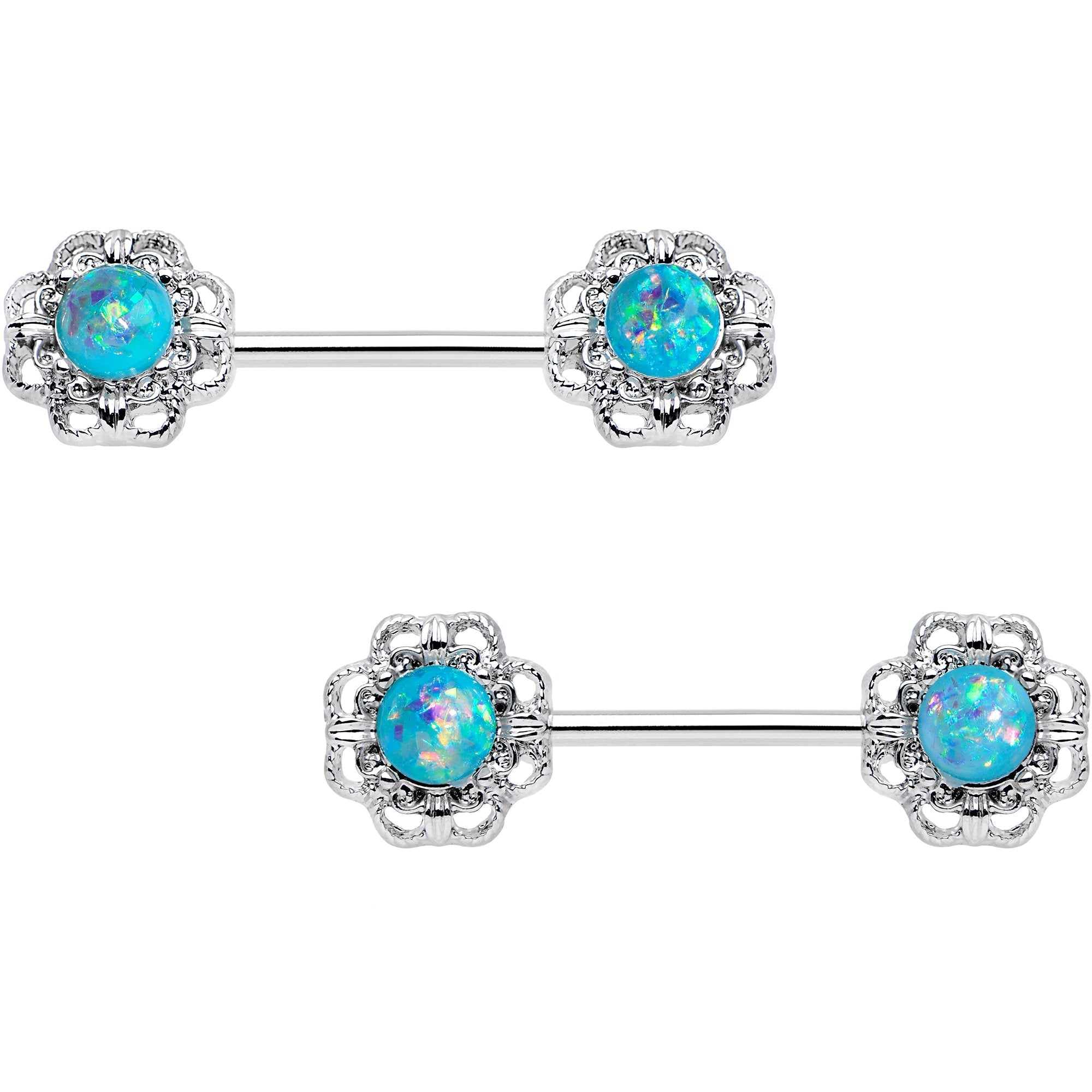 14G 9/16 Blue Faux Opal Filigree Frame Barbell Nipple Ring Set