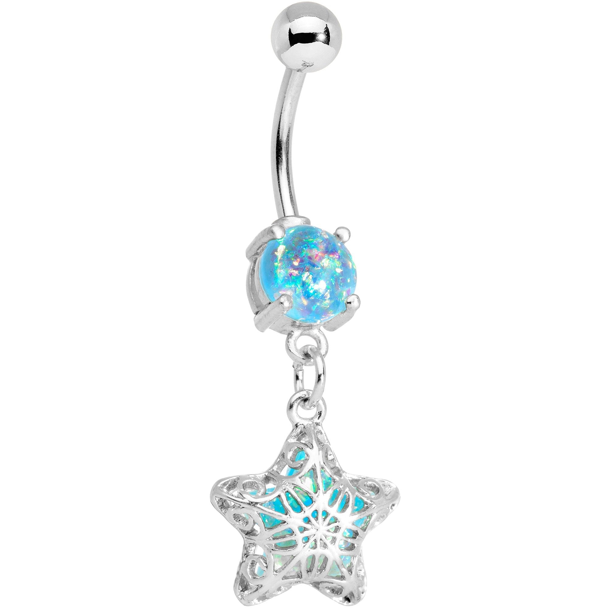Aqua Faux Opal Captive Star Dangle Belly Ring