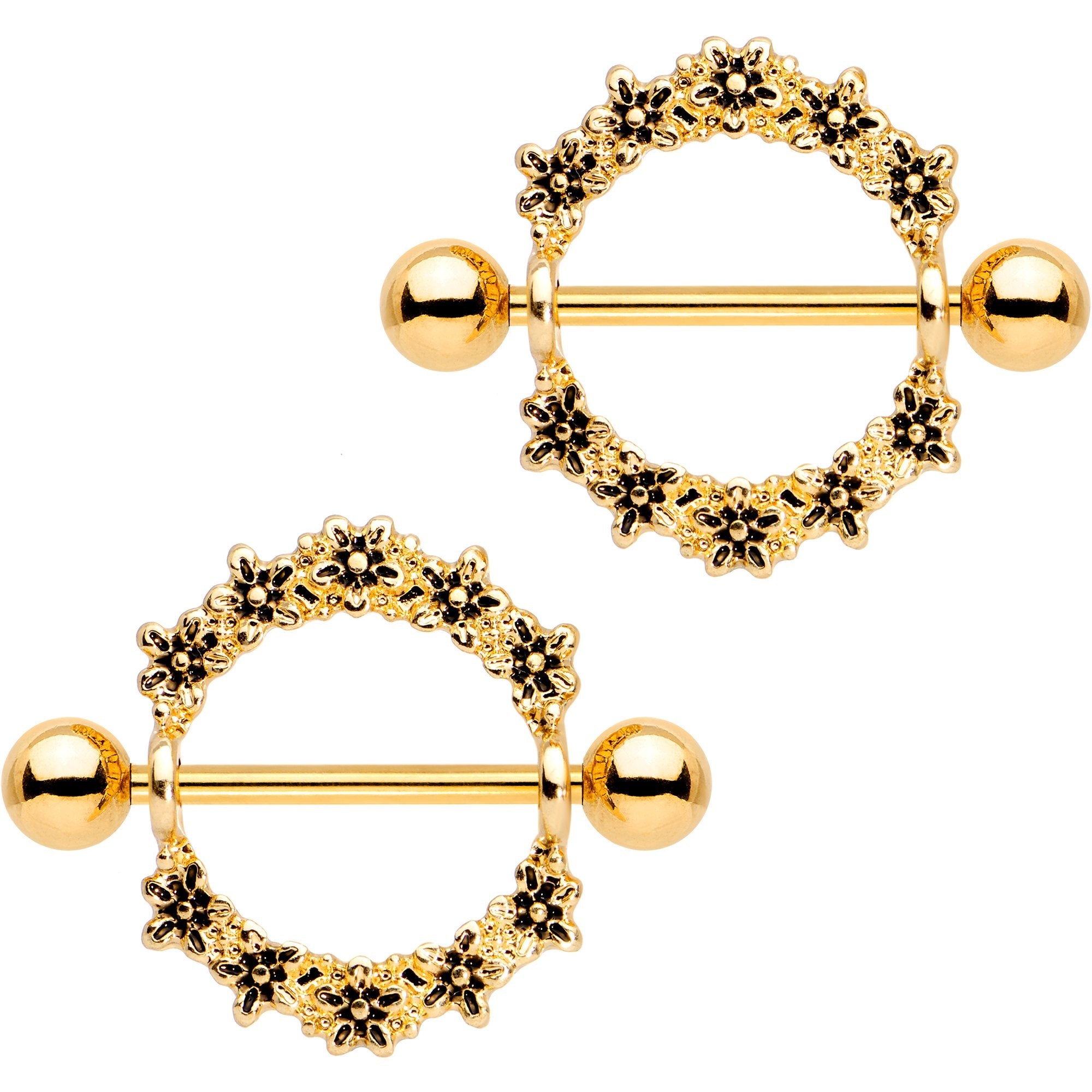 14G 3/4 Gold Tone Anodized Flower Halo Wreath Nipple Shied Set