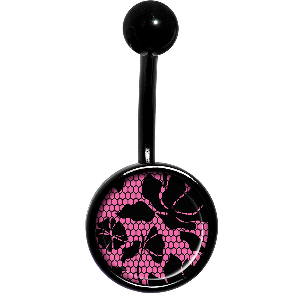 Pink Floral Lace Black Belly Ring