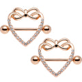 14G 3/4 Clear Gem Rose Gold Anodized Bow Heart Nipple Shield Set